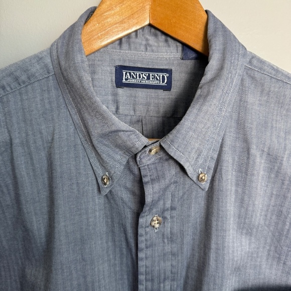 Lands' End Men's Bluish-Gray Herringbone Long Sleeve Button Up Shirt Size 17-33‎ - Picture 5 of 13